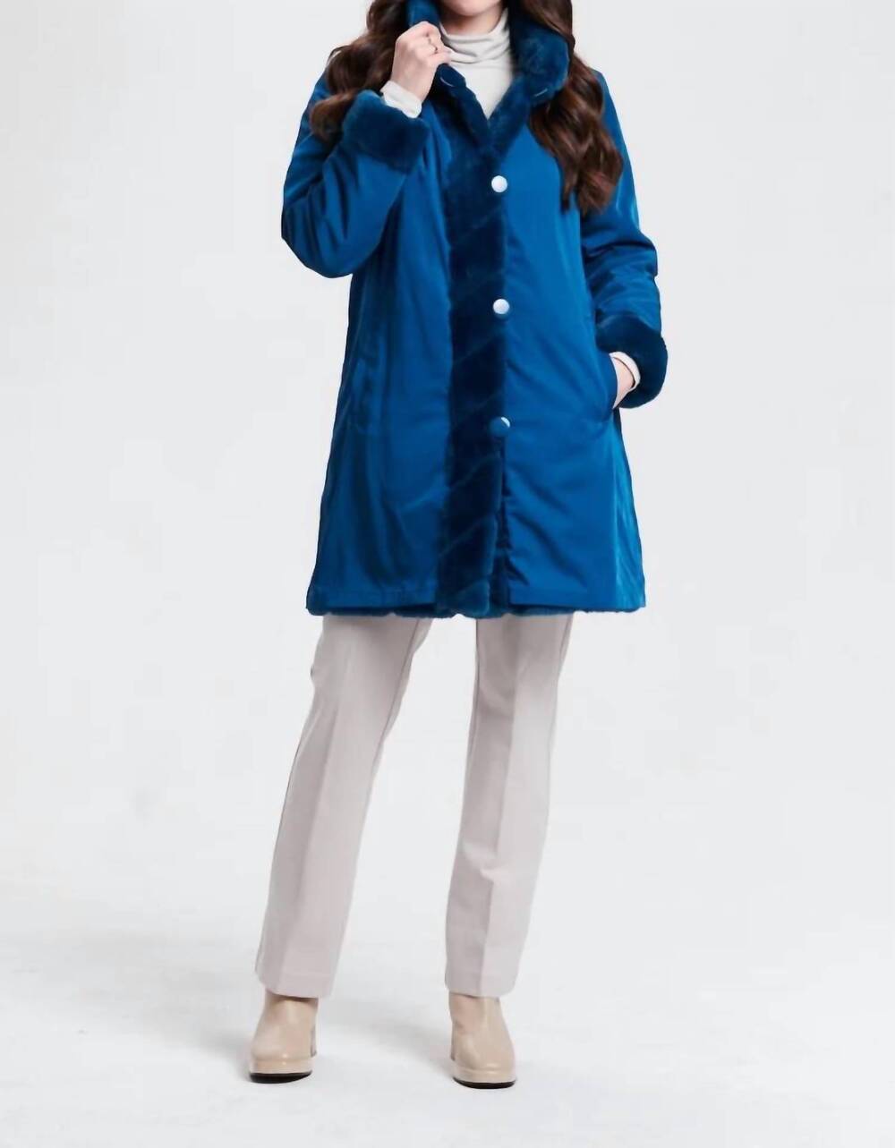 NEW NIKKI JONES reversible faux fur coat with diagonal stitch in teal
